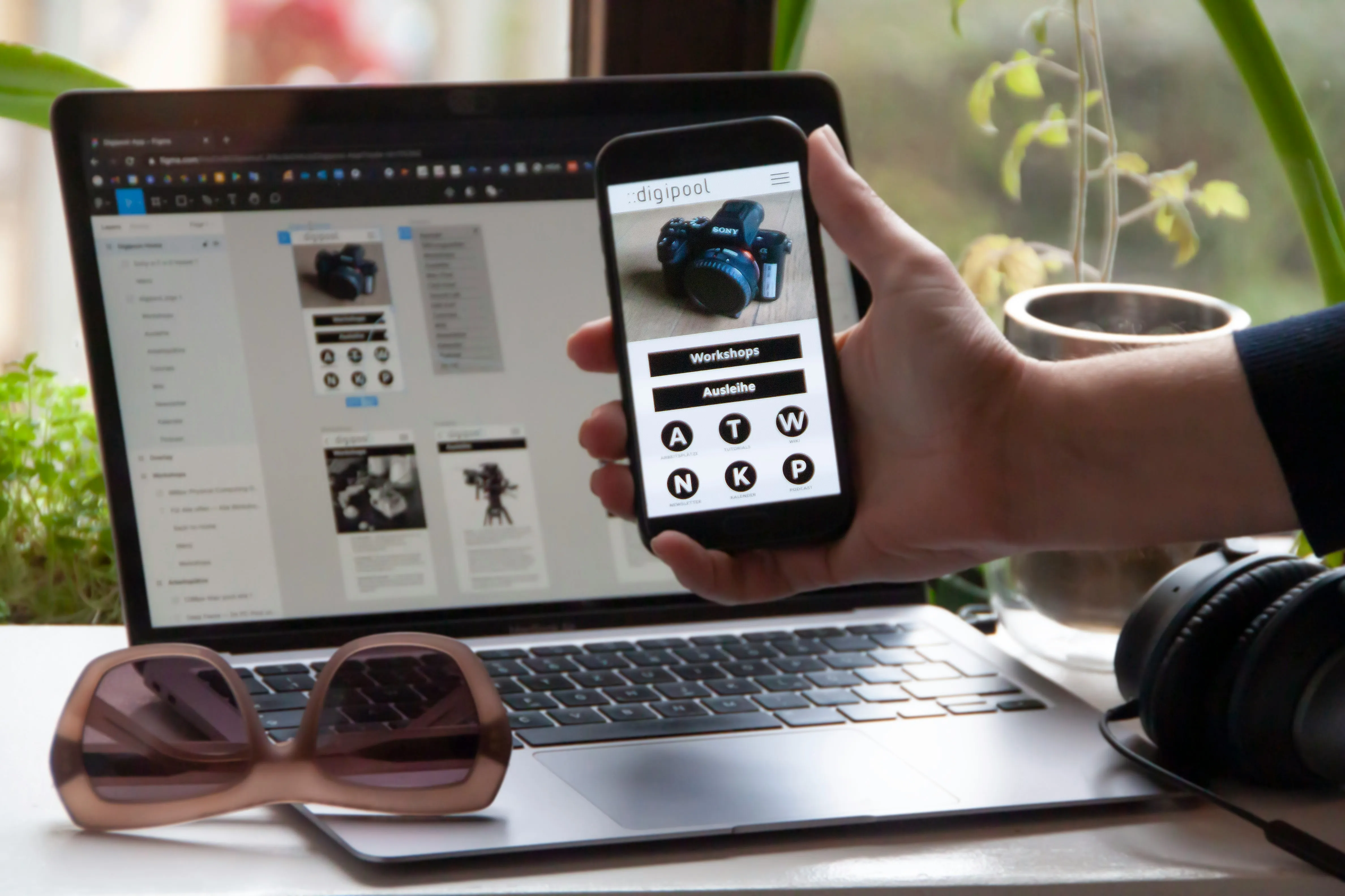 Mobile app development illustration with floating UI elements